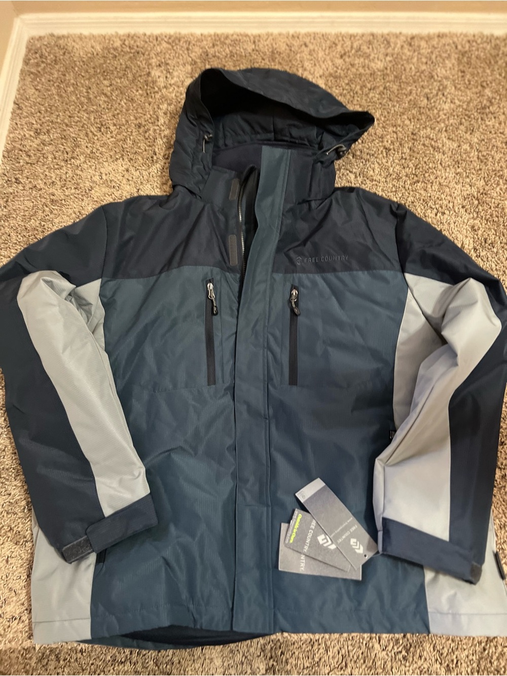 Men's Waterproof Hooded Jacket in Navy and Light Gray
